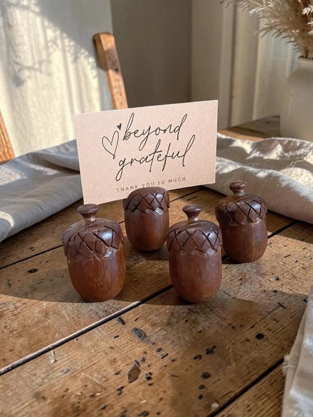 Carved Acorn Place Card Holders – Set of 4, Wood Holiday Decor